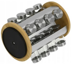 Set 16 borcane pentru condimente cu suport rotativ Klausberg KB 7553, bambus si otel, Inox/maro