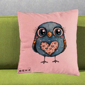 Perna Decorativa Bufnita Albastra cu Inimioare, 40x40 cm, Roz, Husa Detasabila, Perna Inclusa, BEKZ®
