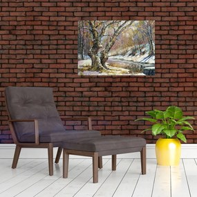 Tablou pe sticlă cu peisaj de iarnă pictat (70x50 cm)