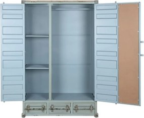Dulap înalt industrial din metal, turcoaz, cu 2 uși din tablă ondulată, oglindă, 3 sertare, 4 rafturi și bară pentru haine, 174 x 112 x 46 cm, „Cargo”