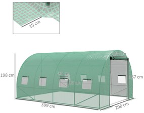 Outsunny Seră de Grădină Tunnel 12 m² 4L x 3l x 2H m Oțel îmbunătățit + PE Înaltă densitate 140 g/m² 8 ferestre Ușă înrolabilă Verde | Aosom Romania
