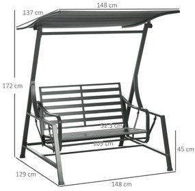 Balansoar pentru gradina cu 2 locuri, din otel cu acoperis inclinabil si perne cu husa detasabila, 148x129x172 cm, negru si gri | Aosom Romania