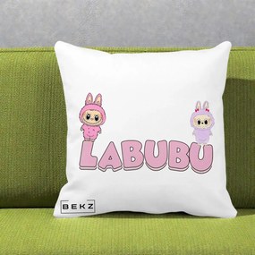 Perna Personalizata Labubu Duo Roz-Lila cu Text, 40x40 cm, Alba Mata, Husa Detasabila, Perna Inclusa, BEKZ®