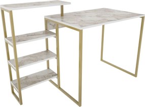 Birou RINO, alb cu efect de marmura/auriu, PAL melaminat/metal, 133x60