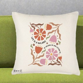Perna Decorativa Life is a Balance Floral, 40x40 cm, Crem Reliefat, Husa Detasabila, Perna Inclusa, BEKZ®