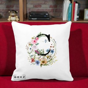 Cadou Personalizat - Perna Personalizata Monogram Litera C cu Flori Acuarela, 40x40 cm, Alba Mata, Husa Detasabila, Perna Inclusa, BEKZ®