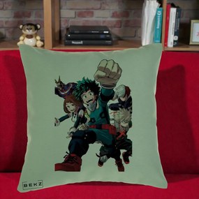 Perna Personalizata My Hero Academia Izuku Deku si Echipa, 40x40 cm, Verde, Husa Detasabila, Perna Inclusa, BEKZ®