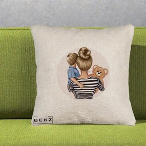Cadou pentru Mama - Perna Personalizata Mama si Baietelul cu Ursulet, 40x40 cm, Bej Canapea, Husa Detasabila, Perna Inclusa, BEKZ®