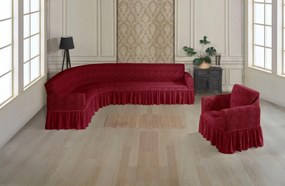 Set Huse elastice pentru coltar + 1 fotoliu, cu volanas, model Jacquard Bordo in dungi