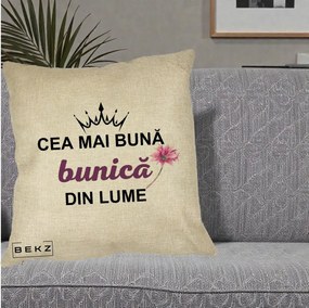 Cadou pentru Bunica - Perna Personalizata Cea Mai Buna Bunica Din Lume Coroana Mov Floare Roz, 40x40 cm, Crem, Husa Detasabila, Perna Inclusa, BEKZ®