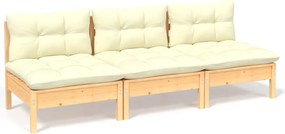vidaXL Canapea de grădină cu 3 locuri, cu perne crem, lemn masiv pin