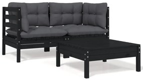 vidaXL Set mobilier grădină cu perne, 3 piese, negru, lemn masiv pin