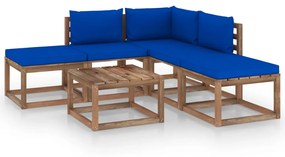 Set mobilier de gradina cu perne albastre, 6 piese Albastru, colt + 2x mijloc + 2x suport pentru picioare + masa, 1