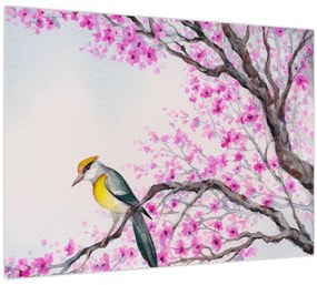 Tablou pe sticlă - Pasăre pe un copac cu flori roz (70x50 cm)