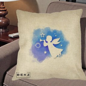 Perna Decorativa Inger cu Trompeta Albastru, 40x40 cm, Crem, Husa Detasabila, Perna Inclusa, BEKZ®