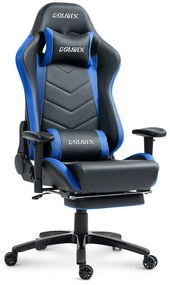 DOWINX Scaun gaming, ergonomic, suport lombar cu masaj, spătar rabatabil 90-180°, cotiere reglabile, suport pentru picioare, rezistent 150 kg, piele PU, Negru/Albastru