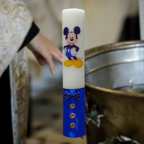 Lumanare botez decorata Mickey albastru 4,5 cm, 30 cm