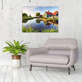 Tablou pe sticlă cu mori din Olanda (70x50 cm)