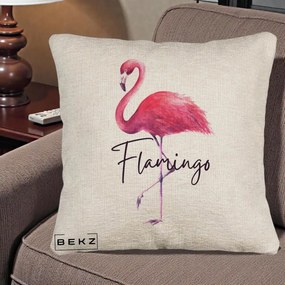 Perna Decorativa Flamingo Acuarela, 40x40 cm, Bej Canapea, Husa Detasabila, Perna Inclusa, BEKZ®