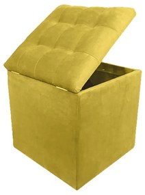 Taburet cub Cozy cu spatiu depozitare, 42x42x46 cm, catifea, galben mustar