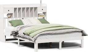 vidaXL Pat cu bibliotecă fără saltea, alb, 140x190 cm, lemn masiv pin