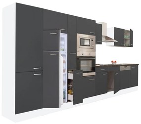 Mobilă de bucătărie Yorki 430, corp alb, față antracit satinat, frigider cu congelator superior