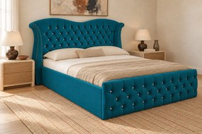 Pat tapițat Chesterfield Avella 140×200 cm, turcoaz, cu ladă de depozitare