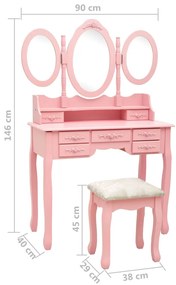 Masa de toaleta cu taburet si triptic oglinzi, roz Roz