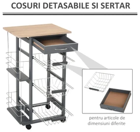 HOMCOM Carucior Bucatarie Multifunctional cu 3 Sertare Detasabile 2 Suporturi Sticle Lemn de Pin Metal 47x37x83cm Stejar Gri | Aosom Romania