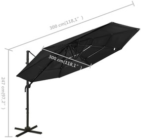 Umbrela de soare 4 niveluri, stalp de aluminiu, negru, 3x3 m Negru