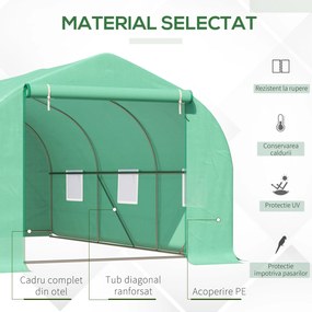 Outsunny Seră pentru Grădină cu 6 Ferestre, Ușă Rulantă și Acoperiș Învelit PE, 4,5x3x2 m, Verde Închis | Aosom Romania