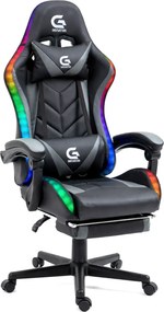 Scaun gaming, sistem iluminare bandă LED RGB, masaj în perna lombară, suport picioare, Negru/Gri