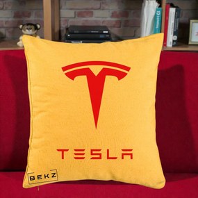 Perna Personalizata cu emblema Tesla, 40x40 cm, Galben, Husa Detasabila, Perna Inclusa, BEKZ®