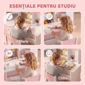 AIYAPLAY Set birou și scaun pentru copii 5-12 ani, cu bibliotecă, suport pentru creioane și suport reglabil pentru tabletă, roz | Aosom Romania