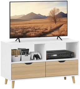 HOMCOM TV-bench, TV-kommod cu sertare, rafturi deschise, lemn, 99 x 39 x 58 cm, Alb | Aosom Romania