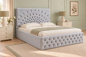 Pat tapițat Chesterfield din catifea Venezia 160×200 cm, gri deschis, cu ladă de depozitare