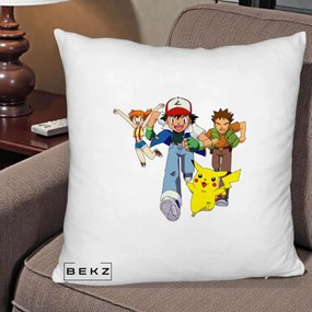 Perna Personalizata Pokemon Ash Misty Brock si Pikachu, 40x40 cm, Alb Pufos, Husa Detasabila, Perna Inclusa, BEKZ®