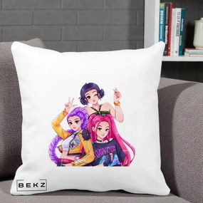 Perna Personalizata K-pop HUNTRX Trio Animat Fete Foto, 40x40 cm, Alba Mata, Husa Detasabila, Perna Inclusa, BEKZ®