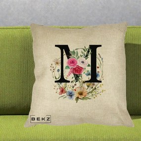 Cadou Personalizat - Perna Personalizata Monogram Litera M cu Flori Acuarela, 40x40 cm, Crem, Husa Detasabila, Perna Inclusa, BEKZ®