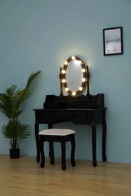 Set Julia, Masă de toaletă cu oglindă iluminată LED, control touch, 7 sertare, scaun, Negru