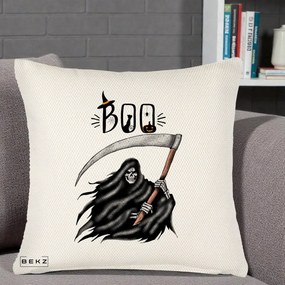 Perna Decorativa Halloween Boo Grim Reaper cu Coasa, 40x40 cm, Crem Reliefat, Husa Detasabila, Perna Inclusa, BEKZ®