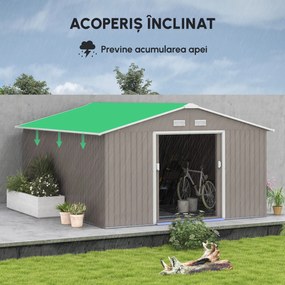 Outsunny Magazie de Gradina cu Usi Duble Glisante si Acoperis Inclinat, Sopron de Gradina din Otel si PP, 3.4x4x2m, Gri | Aosom Romania