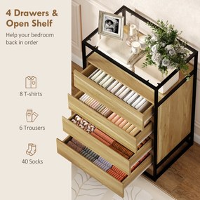 HOMCOM Comodă cu 4 Sertare, Raft Deschis, Oțel, Sticlă Securizată | Aosom Romania