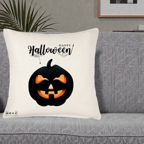 Perna Decorativa Happy Halloween Dovleac Negru cu Paianjen, 40x40 cm, Crem Reliefat, Husa Detasabila, Perna Inclusa, BEKZ®