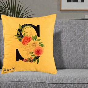 Cadou Personalizat - Perna Personalizata Monograma Florala Litera S, 40x40 cm, Galben, Husa Detasabila, Perna Inclusa, BEKZ®