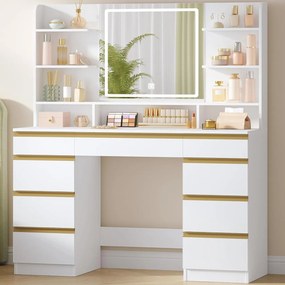 Masuta machiaj cu Oglinda LED si 9 Sertare pentru Cosmetice, Set Masa toaleta 109 cm, Alb, masuta cosmetica, vanity - SEA18