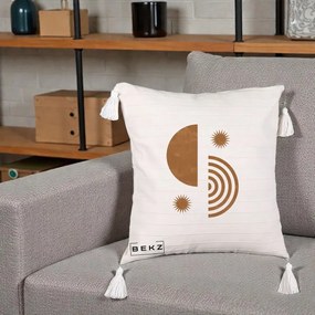 Perna Decorativa Boho Sun si Spirala, 40x40 cm, Bej cu Franjuri, Husa Detasabila, Perna Inclusa, BEKZ®