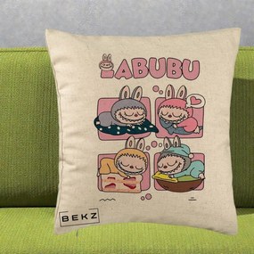 Perna Personalizata Labubu Sleeping Quad Grid, 40x40 cm, Bej, Husa Detasabila, Perna Inclusa, BEKZ®
