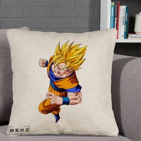 Perna Personalizata Dragon Ball Goku Super Saiyan 2 Lupta, 40x40 cm, Bej Canapea, Husa Detasabila, Perna Inclusa, BEKZ®