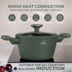 Set oale si tigai cu capace, 15 piese Green Matt Berlinger Haus BH 8208N, verde mat, antiaderente cu titan, inductie